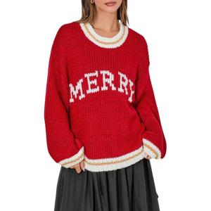 image:imageCHARTOU Fall Chunky Pullover Sweaters for Women 2024 Trendy Y2k Knit Letter Contrast Color Outwear Tops CuteRed