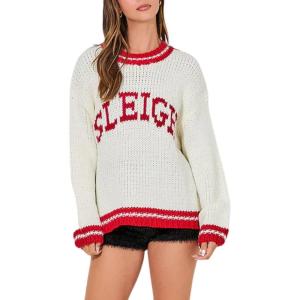 image:imageCHARTOU Fall Chunky Pullover Sweaters for Women 2024 Trendy Y2k Knit Letter Contrast Color Outwear Tops CuteWhite