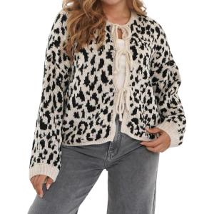 image:imageCHARTOU Front Tie Cardigan Sweaters for Women Vintage Leopard Print Knot Bow Cropped Sweater Outfits FallBlack
