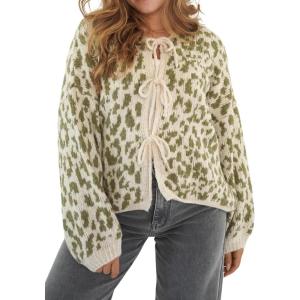 image:imageCHARTOU Front Tie Cardigan Sweaters for Women Vintage Leopard Print Knot Bow Cropped Sweater Outfits FallGreen