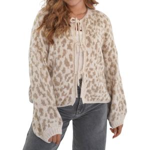 image:imageCHARTOU Front Tie Cardigan Sweaters for Women Vintage Leopard Print Knot Bow Cropped Sweater Outfits FallKhaki