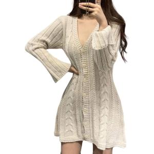 image:imageCHARTOU Sexy Short Sweater Dress Button Open Front Cardigans Chunky Cable Knit Slim Fit Sweater DressApricot
