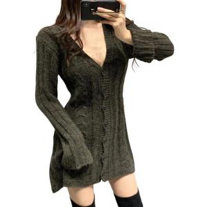 image:imageCHARTOU Sexy Short Sweater Dress Button Open Front Cardigans Chunky Cable Knit Slim Fit Sweater DressGreen