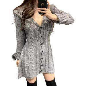 image:imageCHARTOU Sexy Short Sweater Dress Button Open Front Cardigans Chunky Cable Knit Slim Fit Sweater DressGrey