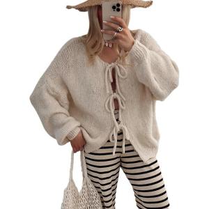image:imageCHARTOU Tie Front Cardigan Sweater for Women y2k Streetwear Long Sleeve Knit Bow Sweater TopsApricot