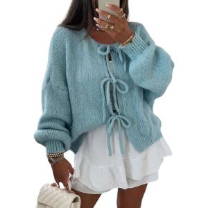 image:imageCHARTOU Tie Front Cardigan Sweater for Women y2k Streetwear Long Sleeve Knit Bow Sweater TopsGreen