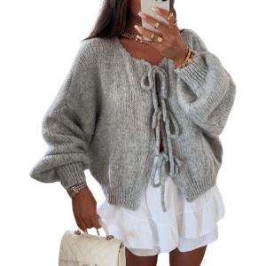 image:imageCHARTOU Tie Front Cardigan Sweater for Women y2k Streetwear Long Sleeve Knit Bow Sweater TopsGrey