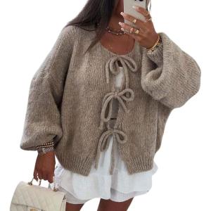 image:imageCHARTOU Tie Front Cardigan Sweater for Women y2k Streetwear Long Sleeve Knit Bow Sweater TopsKhaki