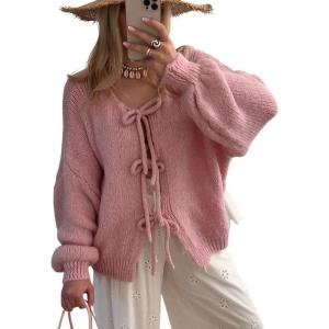 image:imageCHARTOU Tie Front Cardigan Sweater for Women y2k Streetwear Long Sleeve Knit Bow Sweater TopsPink