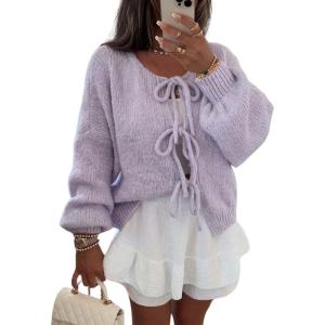 image:imageCHARTOU Tie Front Cardigan Sweater for Women y2k Streetwear Long Sleeve Knit Bow Sweater TopsPurple