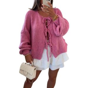 image:imageCHARTOU Tie Front Cardigan Sweater for Women y2k Streetwear Long Sleeve Knit Bow Sweater TopsRose