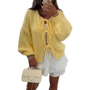 image:imageCHARTOU Tie Front Cardigan Sweater for Women y2k Streetwear Long Sleeve Knit Bow Sweater TopsYellow