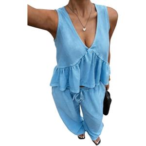 image:imageCHARTOU Two Piece Lounge Sets for Women Summer Beach Vacation Outfits Ruffle Tank Tops Cotton Wide Leg PantsBlue