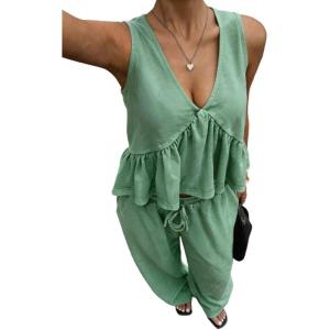 image:imageCHARTOU Two Piece Lounge Sets for Women Summer Beach Vacation Outfits Ruffle Tank Tops Cotton Wide Leg PantsGreen