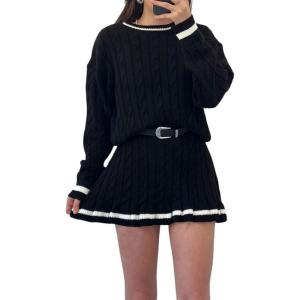 image:imageCHARTOU Two Piece Outfits for Women Sweater Skirt Contrast Trim Chunky Cable Knit Sweater Mini Skirt SetsBlack