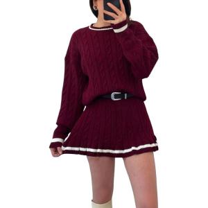 image:imageCHARTOU Two Piece Outfits for Women Sweater Skirt Contrast Trim Chunky Cable Knit Sweater Mini Skirt SetsWine