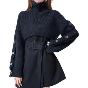image:imageCHARTOU Women 2 Piece Cropped Sweater Short Dress Suit Fall Turtleneck Jumper Belt Vest Dress Matching SetsBlack