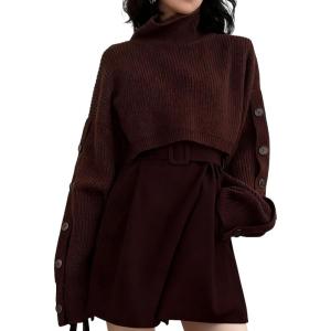image:imageCHARTOU Women 2 Piece Cropped Sweater Short Dress Suit Fall Turtleneck Jumper Belt Vest Dress Matching SetsChocolate