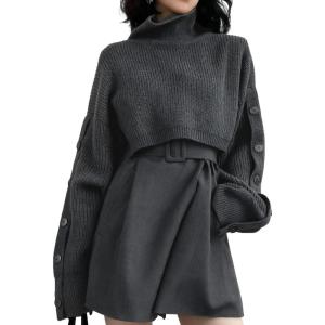 image:imageCHARTOU Women 2 Piece Cropped Sweater Short Dress Suit Fall Turtleneck Jumper Belt Vest Dress Matching SetsDark Grey