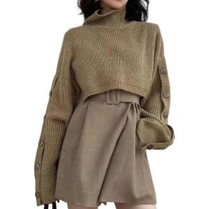 image:imageCHARTOU Women 2 Piece Cropped Sweater Short Dress Suit Fall Turtleneck Jumper Belt Vest Dress Matching SetsKhaki