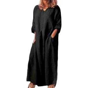 image:imageCHARTOU Women Casual Cotton Linen Long Maxi Dress Shift Dress Loose Ruffle Blouse Shirt Dress with PocketsBlack