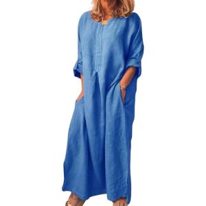 image:imageCHARTOU Women Casual Cotton Linen Long Maxi Dress Shift Dress Loose Ruffle Blouse Shirt Dress with PocketsBlue