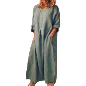image:imageCHARTOU Women Casual Cotton Linen Long Maxi Dress Shift Dress Loose Ruffle Blouse Shirt Dress with PocketsGreen
