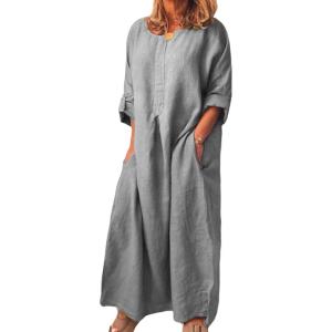 image:imageCHARTOU Women Casual Cotton Linen Long Maxi Dress Shift Dress Loose Ruffle Blouse Shirt Dress with PocketsGrey