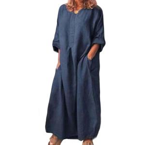 image:imageCHARTOU Women Casual Cotton Linen Long Maxi Dress Shift Dress Loose Ruffle Blouse Shirt Dress with PocketsNavy Blue