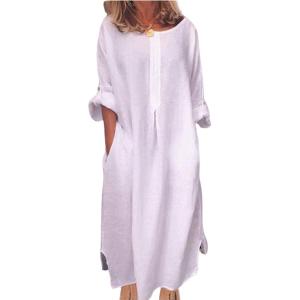 image:imageCHARTOU Women Casual Cotton Linen Long Maxi Dress Shift Dress Loose Ruffle Blouse Shirt Dress with PocketsWhite