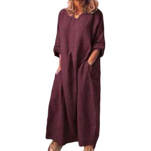 image:imageCHARTOU Women Casual Cotton Linen Long Maxi Dress Shift Dress Loose Ruffle Blouse Shirt Dress with PocketsWine Red