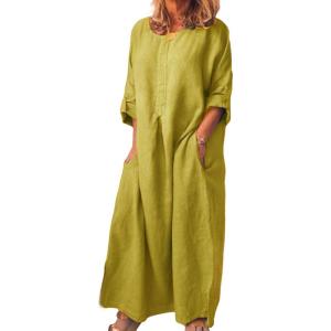 image:imageCHARTOU Women Casual Cotton Linen Long Maxi Dress Shift Dress Loose Ruffle Blouse Shirt Dress with PocketsYellow