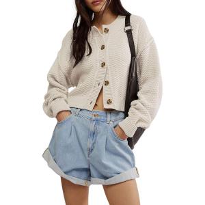 image:imageCHARTOU Women Casual Short Button Down Cable Knit Sweater Jacket Waffle Cropped Cardigan Sweater Y2k Knitted Crop TopApricot