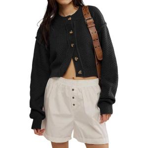 image:imageCHARTOU Women Casual Short Button Down Cable Knit Sweater Jacket Waffle Cropped Cardigan Sweater Y2k Knitted Crop TopBlack