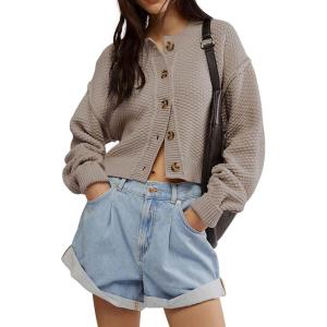 image:imageCHARTOU Women Casual Short Button Down Cable Knit Sweater Jacket Waffle Cropped Cardigan Sweater Y2k Knitted Crop TopCoffee