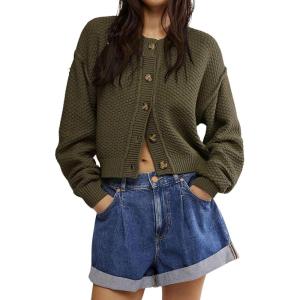 image:imageCHARTOU Women Casual Short Button Down Cable Knit Sweater Jacket Waffle Cropped Cardigan Sweater Y2k Knitted Crop TopGreen