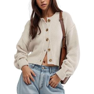 image:imageCHARTOU Women Casual Sweater Button Down Cardigan Crewneck Cropped Knit Jacket OutwearApricot