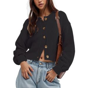 image:imageCHARTOU Women Casual Sweater Button Down Cardigan Crewneck Cropped Knit Jacket OutwearBlack