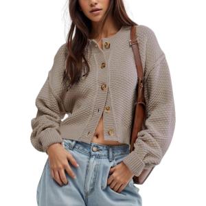 image:imageCHARTOU Women Casual Sweater Button Down Cardigan Crewneck Cropped Knit Jacket OutwearCoffee