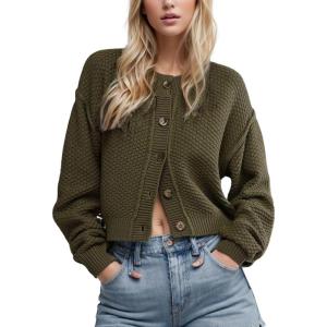 image:imageCHARTOU Women Casual Sweater Button Down Cardigan Crewneck Cropped Knit Jacket OutwearGreen