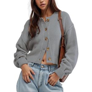 image:imageCHARTOU Women Casual Sweater Button Down Cardigan Crewneck Cropped Knit Jacket OutwearGrey