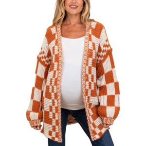 image:imageCHARTOU Women Checkered Open Front Cardigan Oversized Plaid Lantern Long Sleeve Chunky Knit SweaterChocolate