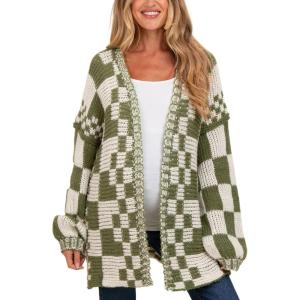 image:imageCHARTOU Women Checkered Open Front Cardigan Oversized Plaid Lantern Long Sleeve Chunky Knit SweaterGreen
