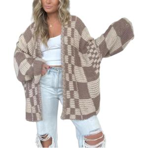 image:imageCHARTOU Women Checkered Open Front Cardigan Oversized Plaid Lantern Long Sleeve Chunky Knit SweaterKhaki