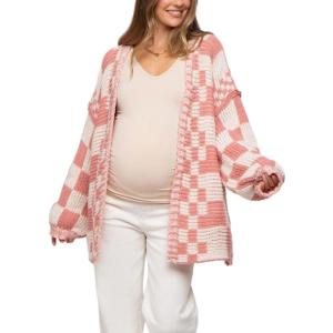 image:imageCHARTOU Women Checkered Open Front Cardigan Oversized Plaid Lantern Long Sleeve Chunky Knit SweaterLight Pink
