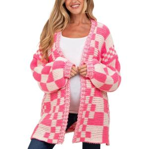 image:imageCHARTOU Women Checkered Open Front Cardigan Oversized Plaid Lantern Long Sleeve Chunky Knit SweaterPink
