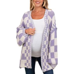 image:imageCHARTOU Women Checkered Open Front Cardigan Oversized Plaid Lantern Long Sleeve Chunky Knit SweaterPurple