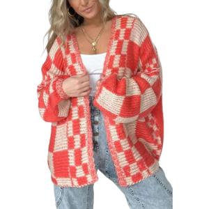 image:imageCHARTOU Women Checkered Open Front Cardigan Oversized Plaid Lantern Long Sleeve Chunky Knit SweaterRed