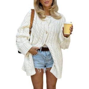 image:imageCHARTOU Women Chunky Cable Knit Cardigan Sweaters Button Up Loose Warm Sweater CoatsBeige