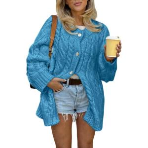 image:imageCHARTOU Women Chunky Cable Knit Cardigan Sweaters Button Up Loose Warm Sweater CoatsBlue